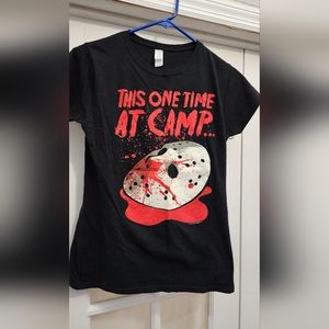 Girls style t-shirt. Halloweenish. Black. Says This One Time At Camp...